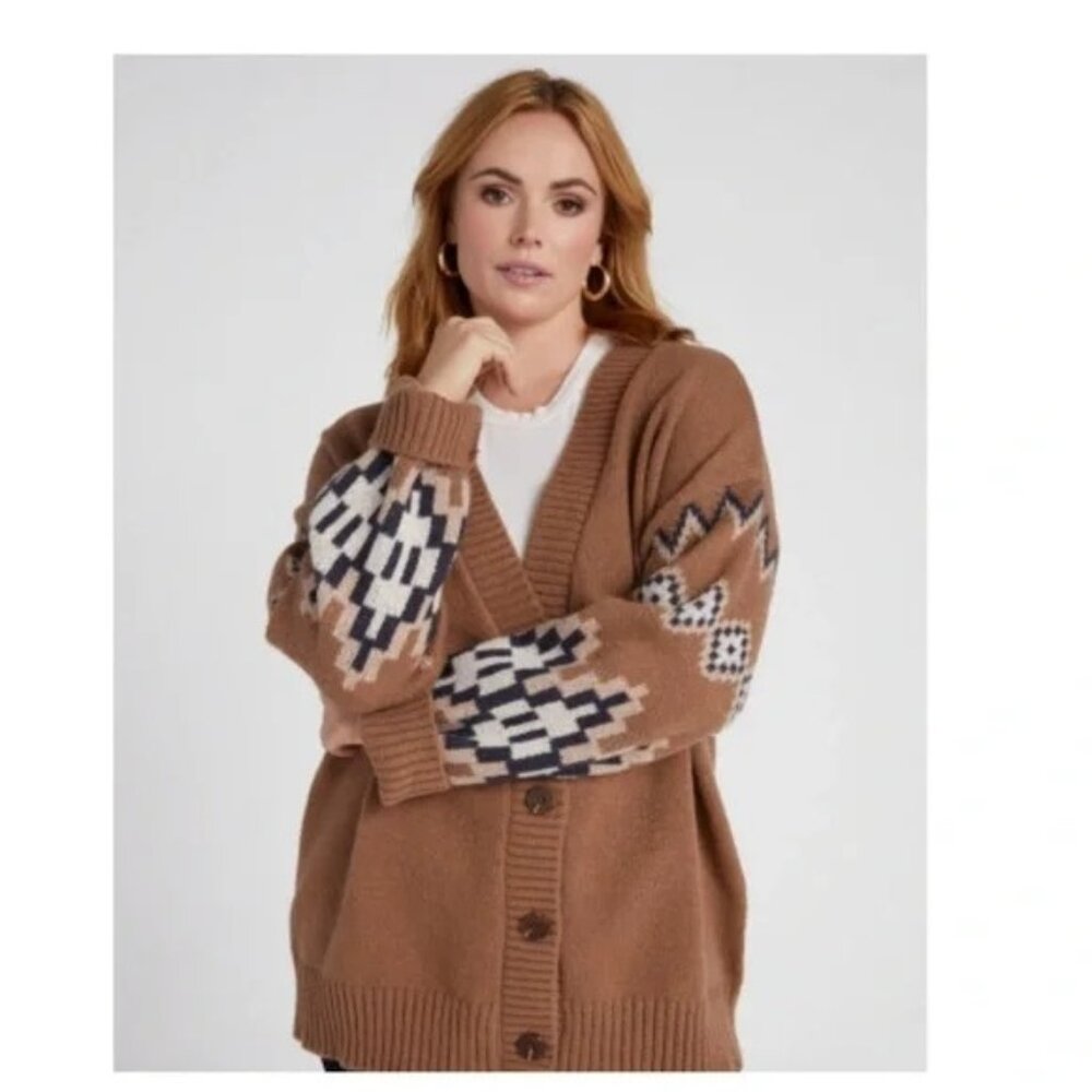 Vintage Inspired VIGOSS Brown Cardigan With Aztec  Pattern Button Closure Cozy